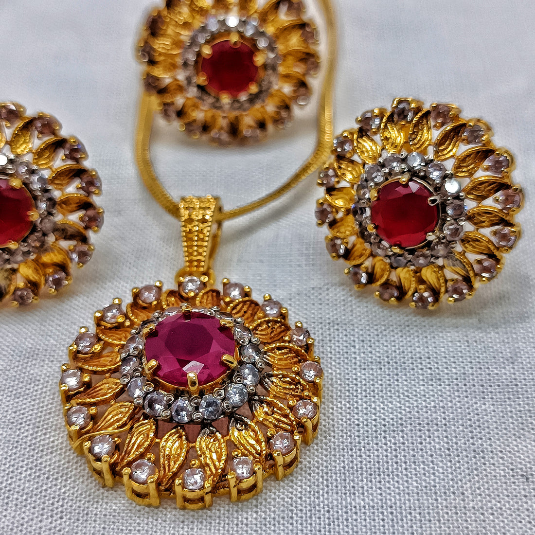 Gold Plated Ruby Jewelry Set with CZ Stones – Elegant Pendant and Ring Set for Women | Handmade Locket set
