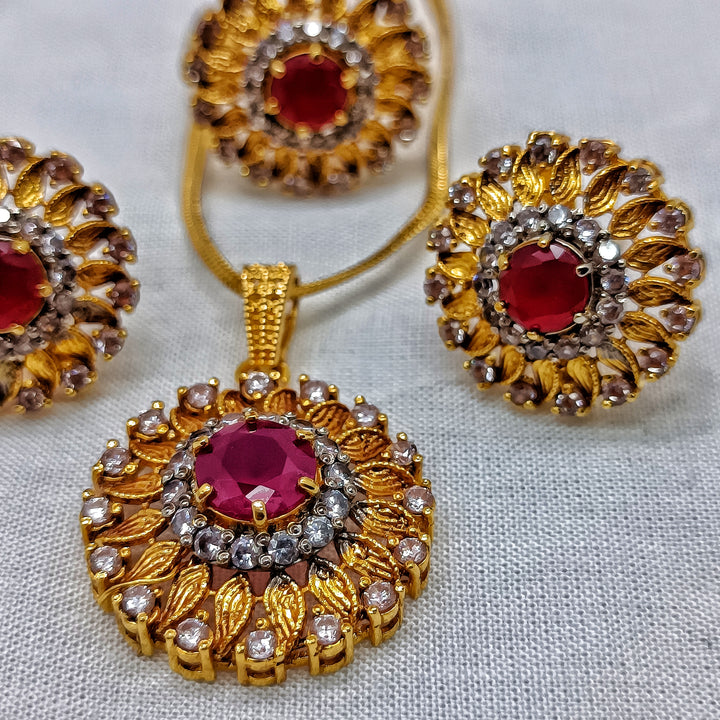 Gold Plated Ruby Jewelry Set with CZ Stones – Elegant Pendant and Ring Set for Women | Handmade Locket set