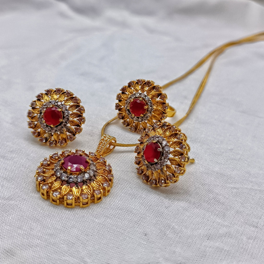 Gold Plated Ruby Jewelry Set with CZ Stones – Elegant Pendant and Ring Set for Women | Handmade Locket set