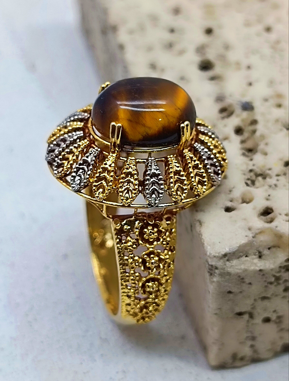 Tiger Eye Gemstone Ring for Women | Gold Plated Vintage Style Jewelry | Handmade Gift for Her